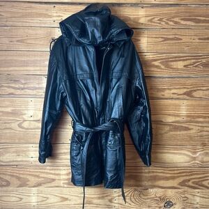 Wilsons Leather Black Hooded Jacket with Belt